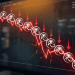 Gráfico realista de criptomonedas mostrando una caída drástica de RaveDAO. Una línea roja descendente con el logo de RaveDAO baja rápidamente en una pantalla de trading sin números ni precios.