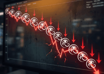 Gráfico realista de criptomonedas mostrando una caída drástica de RaveDAO. Una línea roja descendente con el logo de RaveDAO baja rápidamente en una pantalla de trading sin números ni precios.