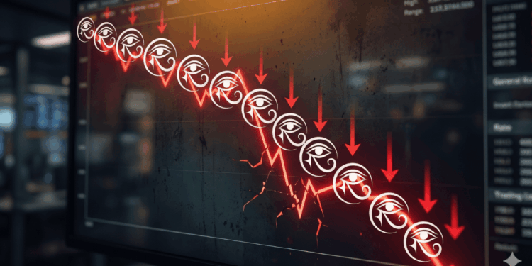 Gráfico realista de criptomonedas mostrando una caída drástica de RaveDAO. Una línea roja descendente con el logo de RaveDAO baja rápidamente en una pantalla de trading sin números ni precios.