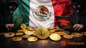 Bandera de México con criptomonedas alrededor, atacantes de Ransomware y el logo de Chainalysis.