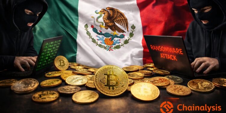 Bandera de México con criptomonedas alrededor, atacantes de Ransomware y el logo de Chainalysis.