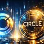 Moneda de Circle con logo brillante y moneda digital en entorno cyberpunk.