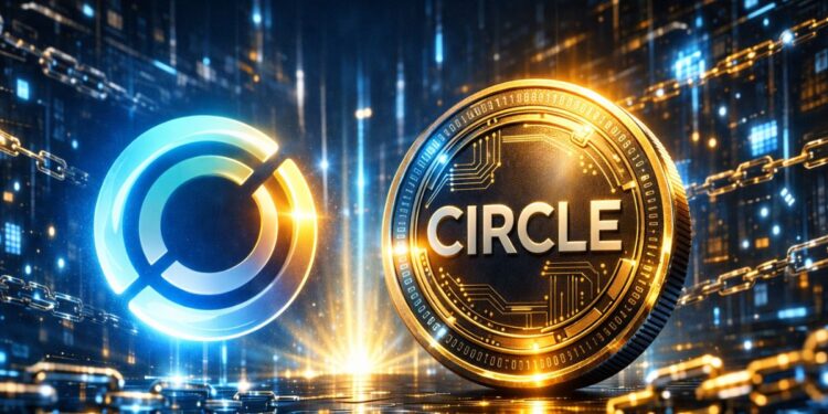 Moneda de Circle con logo brillante y moneda digital en entorno cyberpunk.