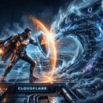 Un guerrero con un escudo que simboliza a Cloudflare se protege de la computación cuántica que llega en forma de nube.
