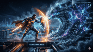 Un guerrero con un escudo que simboliza a Cloudflare se protege de la computación cuántica que llega en forma de nube.