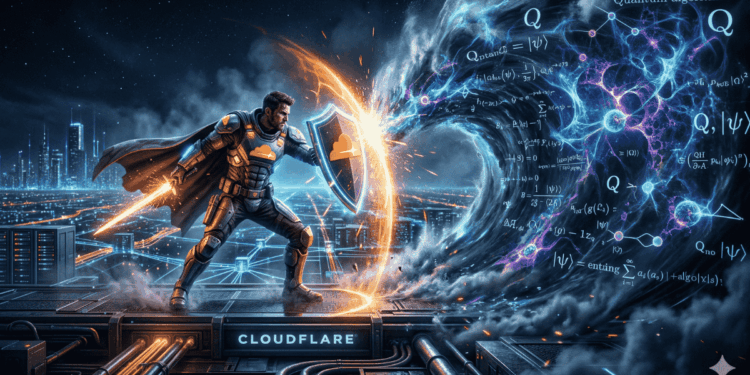 Un guerrero con un escudo que simboliza a Cloudflare se protege de la computación cuántica que llega en forma de nube.