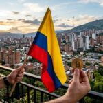 Persona con una bandera de Colombia en la mano izquierda, una moneda física de bitcoin en la derecha y de fondo la ciudad de Medellín.