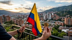 Persona con una bandera de Colombia en la mano izquierda, una moneda física de bitcoin en la derecha y de fondo la ciudad de Medellín.