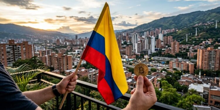 Persona con una bandera de Colombia en la mano izquierda, una moneda física de bitcoin en la derecha y de fondo la ciudad de Medellín.