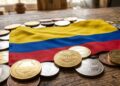 Bandera de Colombia rodeada de monedas que tienen grabada la palabra "stablecoin".