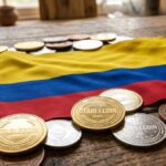 Bandera de Colombia rodeada de monedas que tienen grabada la palabra "stablecoin".