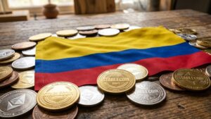 Bandera de Colombia rodeada de monedas que tienen grabada la palabra "stablecoin".
