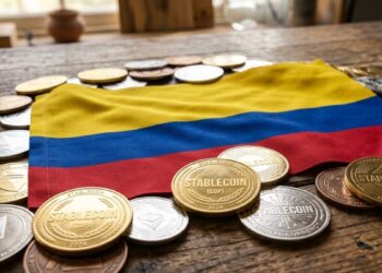 Bandera de Colombia rodeada de monedas que tienen grabada la palabra "stablecoin".