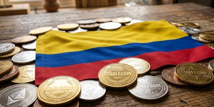 Bandera de Colombia rodeada de monedas que tienen grabada la palabra "stablecoin".