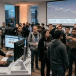 En una oficina cerrada, se ven personas que simbolizan a la Fundación Ethereum vendiendo ETH e integrantes de la comunidad protestando (imagen generada mediante inteligencia artificial).