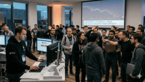 En una oficina cerrada, se ven personas que simbolizan a la Fundación Ethereum vendiendo ETH e integrantes de la comunidad protestando (imagen generada mediante inteligencia artificial).