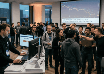 En una oficina cerrada, se ven personas que simbolizan a la Fundación Ethereum vendiendo ETH e integrantes de la comunidad protestando (imagen generada mediante inteligencia artificial).