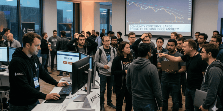 En una oficina cerrada, se ven personas que simbolizan a la Fundación Ethereum vendiendo ETH e integrantes de la comunidad protestando (imagen generada mediante inteligencia artificial).
