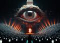 Cinematic dystopian featured image for an article, horizontal composition 2:1 ratio (1350x675 or higher resolution), cyberpunk style with dramatic lighting. A massive all-seeing cybernetic eye fused with a classical Bentham panopticon tower dominates the upper center of the image, floating ominously above a huge Bitcoin conference stage. The eye is mechanical, glowing with orange and red accents, with subtle digital circuits and surveillance lines radiating outward. Below, a large modern conference stage with a podium showing the Bitcoin symbol (₿) in bright orange. The stage is empty or has a dark anonymous silhouette speaking. In front of the stage, a massive audience of thousands of people sitting in dark rows, their heads replaced by small glowing Bitcoin nodes or digital wallets with padlock icons.