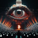 Cinematic dystopian featured image for an article, horizontal composition 2:1 ratio (1350x675 or higher resolution), cyberpunk style with dramatic lighting. A massive all-seeing cybernetic eye fused with a classical Bentham panopticon tower dominates the upper center of the image, floating ominously above a huge Bitcoin conference stage. The eye is mechanical, glowing with orange and red accents, with subtle digital circuits and surveillance lines radiating outward. Below, a large modern conference stage with a podium showing the Bitcoin symbol (₿) in bright orange. The stage is empty or has a dark anonymous silhouette speaking. In front of the stage, a massive audience of thousands of people sitting in dark rows, their heads replaced by small glowing Bitcoin nodes or digital wallets with padlock icons.