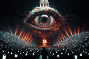 Cinematic dystopian featured image for an article, horizontal composition 2:1 ratio (1350x675 or higher resolution), cyberpunk style with dramatic lighting. A massive all-seeing cybernetic eye fused with a classical Bentham panopticon tower dominates the upper center of the image, floating ominously above a huge Bitcoin conference stage. The eye is mechanical, glowing with orange and red accents, with subtle digital circuits and surveillance lines radiating outward. Below, a large modern conference stage with a podium showing the Bitcoin symbol (โฟ) in bright orange. The stage is empty or has a dark anonymous silhouette speaking. In front of the stage, a massive audience of thousands of people sitting in dark rows, their heads replaced by small glowing Bitcoin nodes or digital wallets with padlock icons.