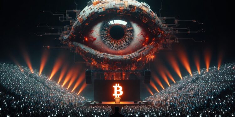 Cinematic dystopian featured image for an article, horizontal composition 2:1 ratio (1350x675 or higher resolution), cyberpunk style with dramatic lighting. A massive all-seeing cybernetic eye fused with a classical Bentham panopticon tower dominates the upper center of the image, floating ominously above a huge Bitcoin conference stage. The eye is mechanical, glowing with orange and red accents, with subtle digital circuits and surveillance lines radiating outward. Below, a large modern conference stage with a podium showing the Bitcoin symbol (₿) in bright orange. The stage is empty or has a dark anonymous silhouette speaking. In front of the stage, a massive audience of thousands of people sitting in dark rows, their heads replaced by small glowing Bitcoin nodes or digital wallets with padlock icons.