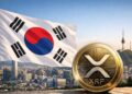 Bandera de Corea del Sur ondeando con una moneda de XRP en primer plano.