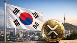 Bandera de Corea del Sur ondeando con una moneda de XRP en primer plano.