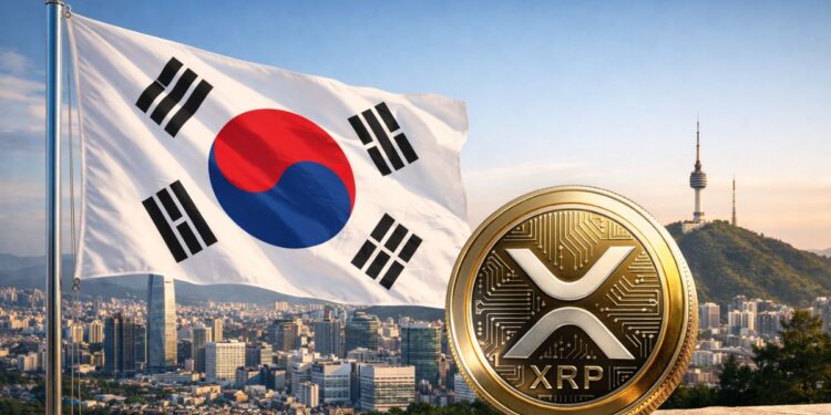 Bandera de Corea del Sur ondeando con una moneda de XRP en primer plano.