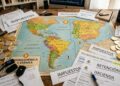 Mapa donde se vea Iberoamérica y España, con bitcoin y criptomonedas alrededor y papeles que dicen "impuestos".