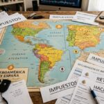Mapa donde se vea Iberoamérica y España, con bitcoin y criptomonedas alrededor y papeles que dicen "impuestos".