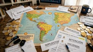 Mapa donde se vea Iberoamérica y España, con bitcoin y criptomonedas alrededor y papeles que dicen "impuestos".