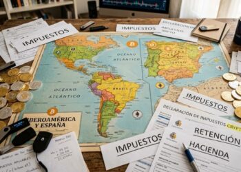 Mapa donde se vea Iberoamérica y España, con bitcoin y criptomonedas alrededor y papeles que dicen "impuestos".