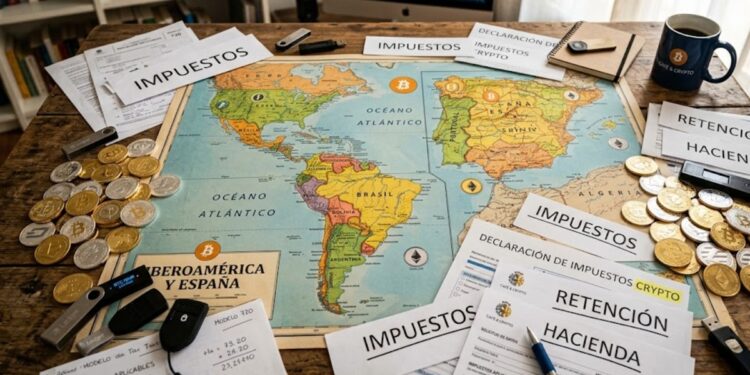 Mapa donde se vea Iberoamérica y España, con bitcoin y criptomonedas alrededor y papeles que dicen "impuestos".