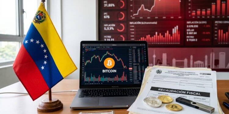 Bandera de Venezuela, junto a bitcoin y criptomonedas, y papeles que dicen "recaudación fiscal", con gráficas rojas en el fondo.