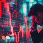 Inversionista con rostro preocupado, delante de un gráfico en rojo.