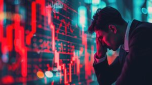 Inversionista con rostro preocupado, delante de un gráfico en rojo.