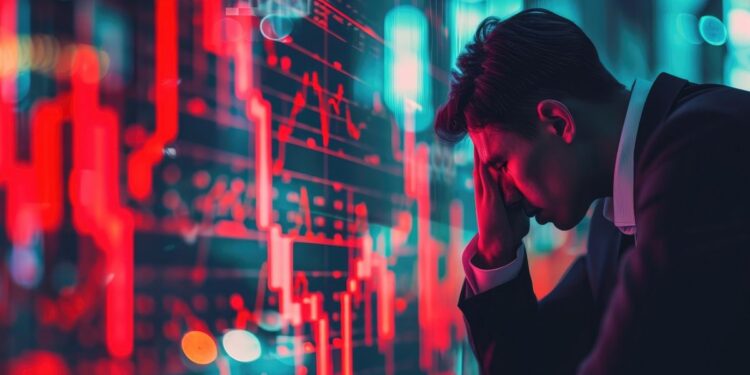 Inversionista con rostro preocupado, delante de un gráfico en rojo.