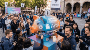 Muchas personas depositando ETH en una alcancía con forma de cerdo con el logo de AAVE.