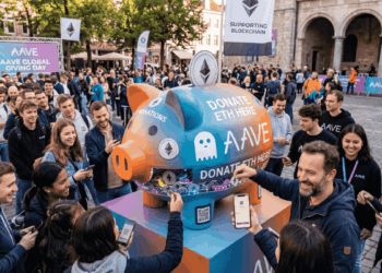 Muchas personas depositando ETH en una alcancía con forma de cerdo con el logo de AAVE.