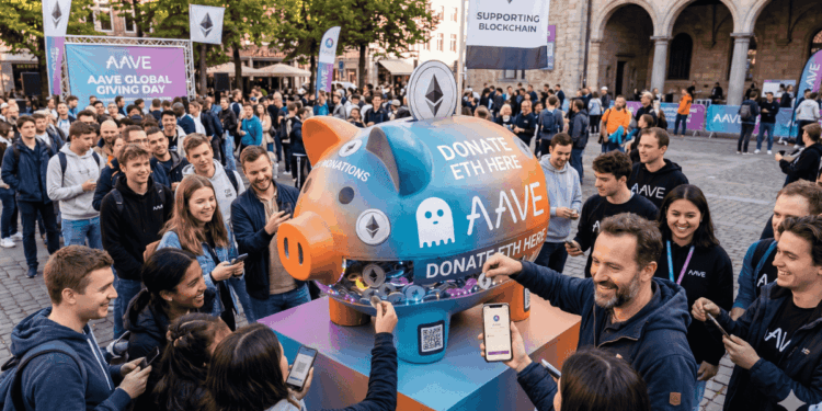 Muchas personas depositando ETH en una alcancía con forma de cerdo con el logo de AAVE.