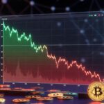 Gráfico holográfico mostrando el descenso de las direcciones activas de Bitcoin a su nivel más bajo desde 2018, con monedas BTC en primer plano.