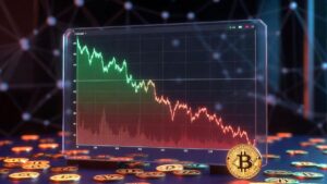 Gráfico holográfico mostrando el descenso de las direcciones activas de Bitcoin a su nivel más bajo desde 2018, con monedas BTC en primer plano.