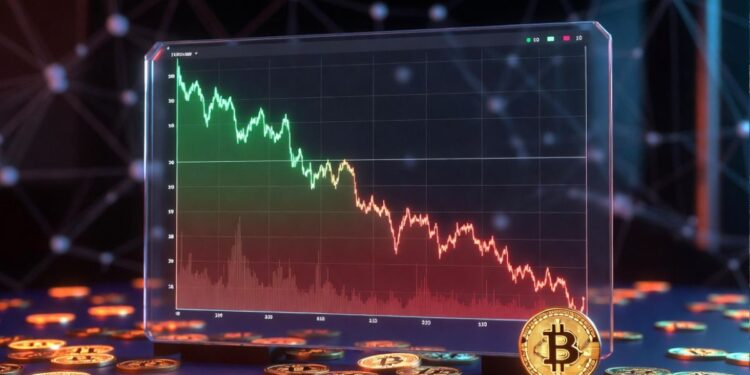 Gráfico holográfico mostrando el descenso de las direcciones activas de Bitcoin a su nivel más bajo desde 2018, con monedas BTC en primer plano.