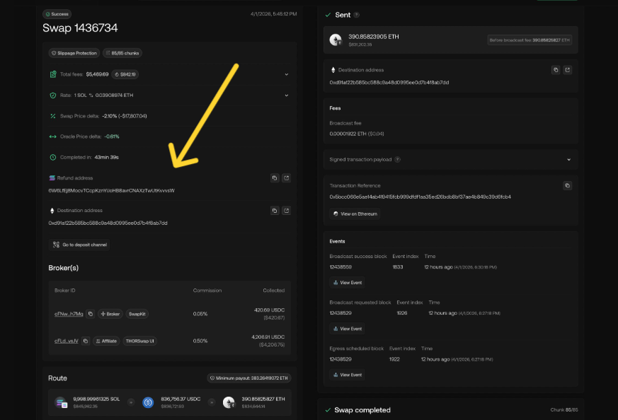 Datos de una transferencia onchain desde Solana hacia Ethereum.