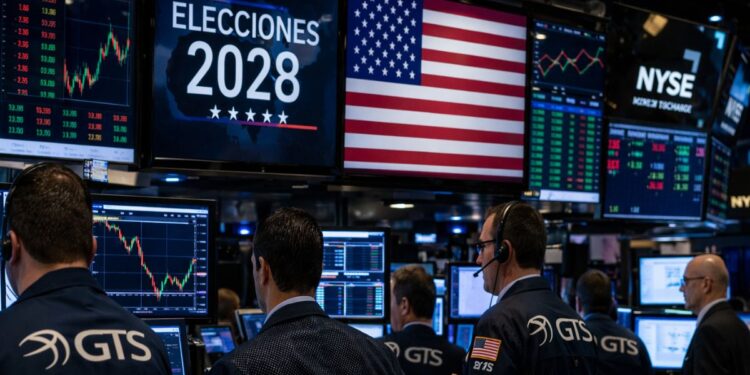 Los comerciantes en el mercado bursátil observan pantallas con gráficos financieros.