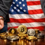 Bandera de EE. UU., con criptomonedas y hombres esposados.