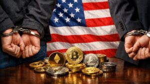 Bandera de EE. UU., con criptomonedas y hombres esposados.