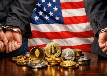 Bandera de EE. UU., con criptomonedas y hombres esposados.