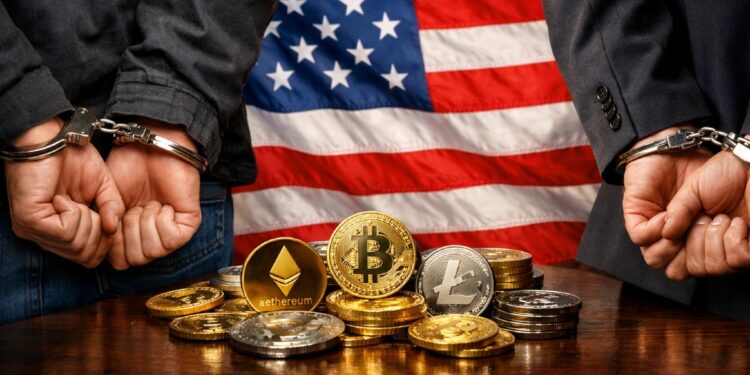 Bandera de EE. UU., con criptomonedas y hombres esposados.
